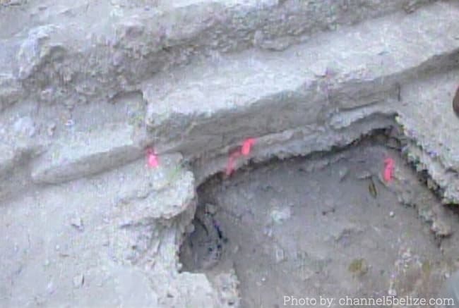 A partially excavated area of soil with pink markers indicating specific points of interest.