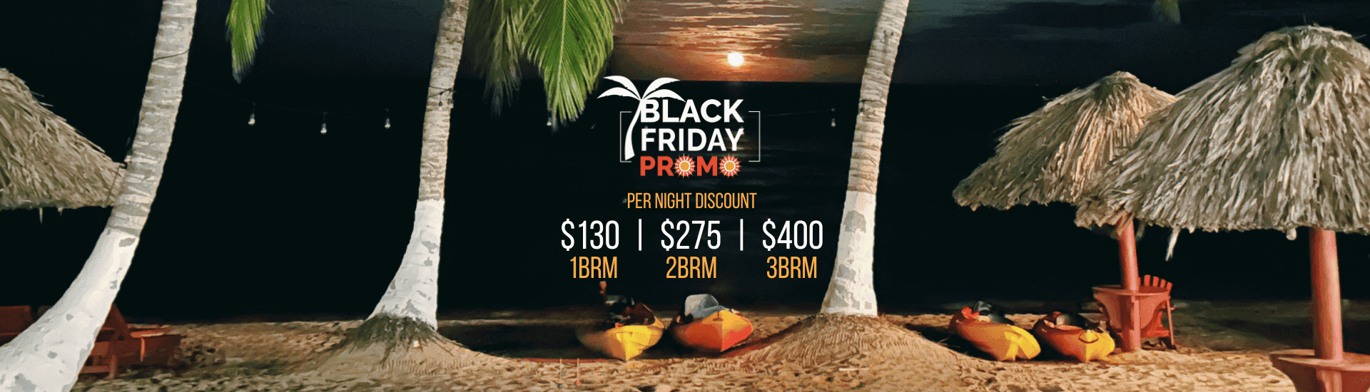 Black Friday promotional banner featuring discounted rates for beachfront accommodations.