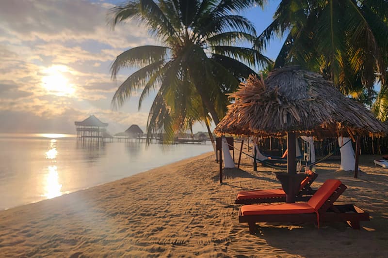 Sunrise over a tranquil beach with palm trees, lounge chairs, and a thatched umbrella. Sunrise over a tranquil beach with palm trees, lounge chairs, and a thatched umbrella.