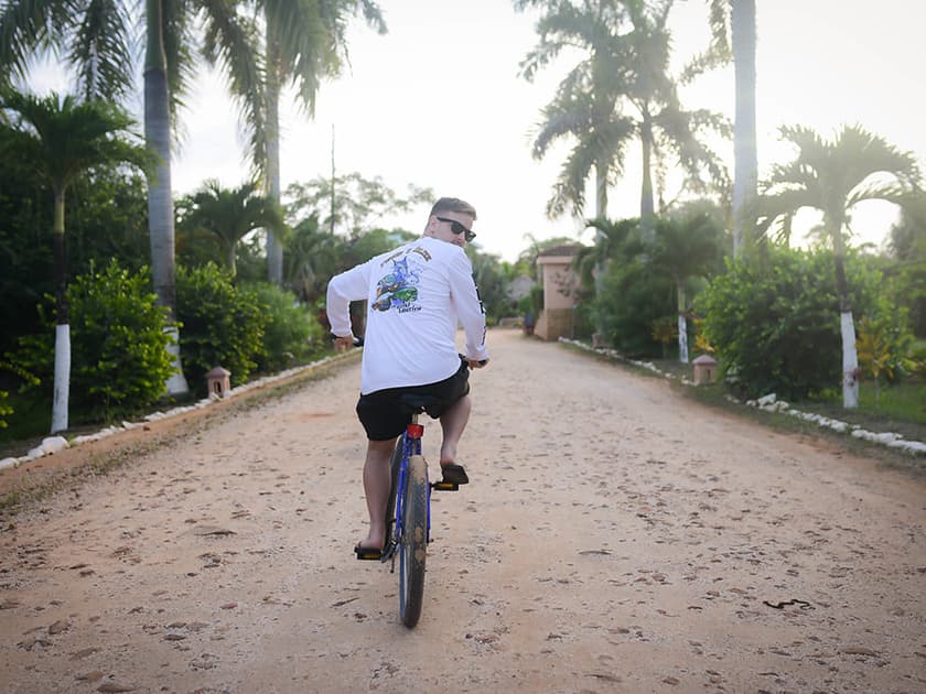 A person rides a bicycle down a sandy path lined with palm trees.