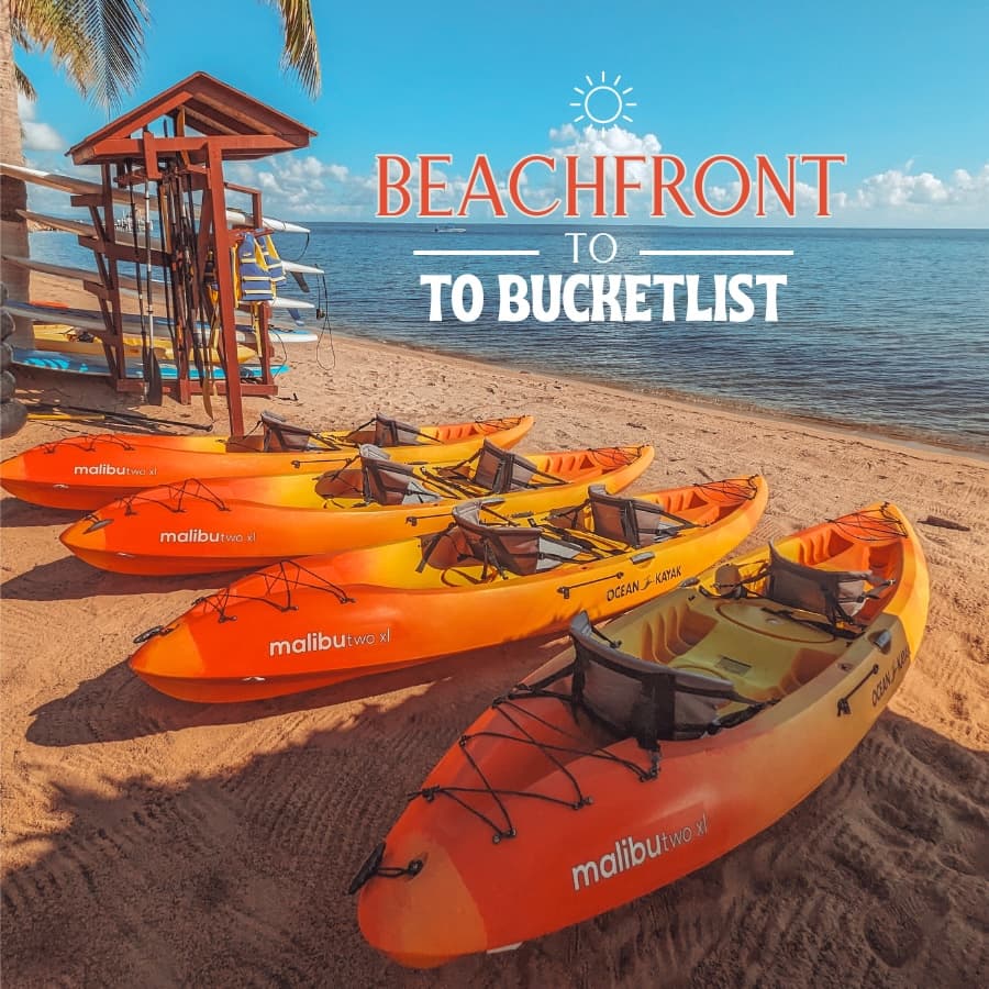 Colorful kayaks lined up on a sandy beach with a clear blue sky above.
