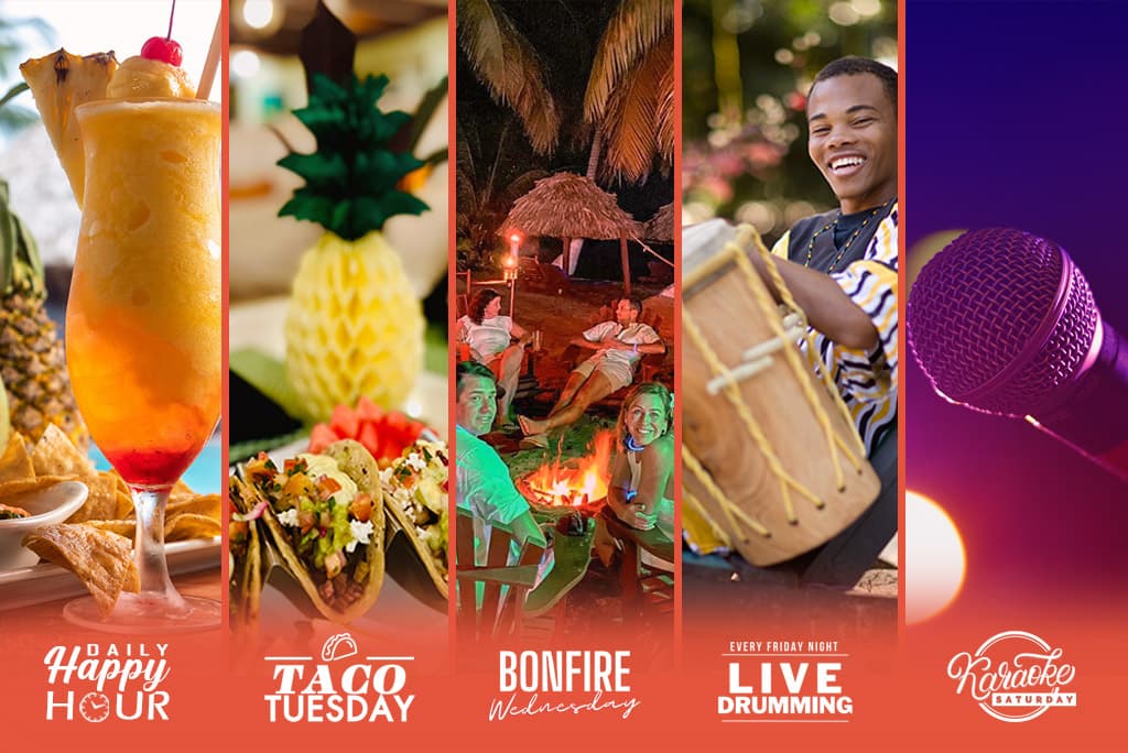 Collage of events happening at Woven Palms Restaurant within Belizean Dreams Resort.